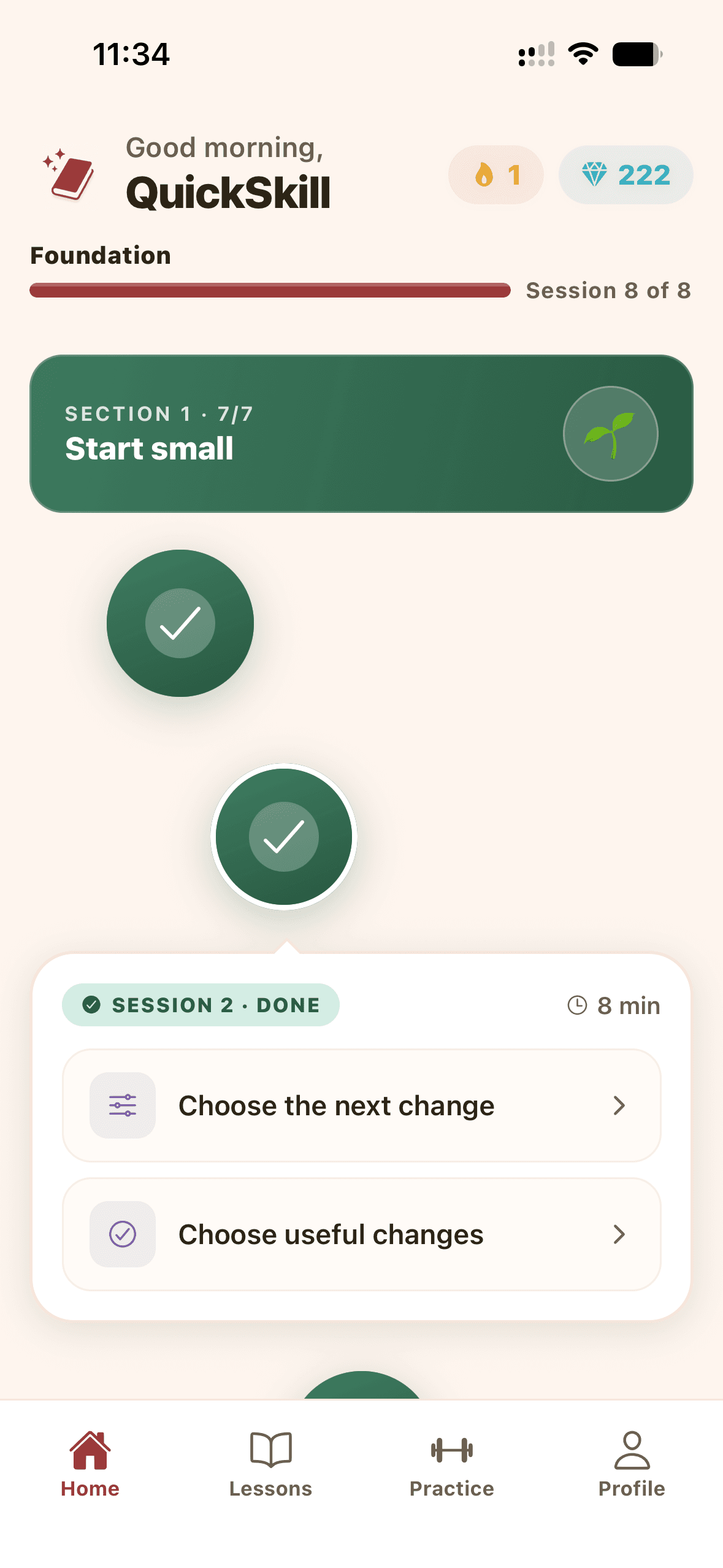 QuickSkill completed lesson screen