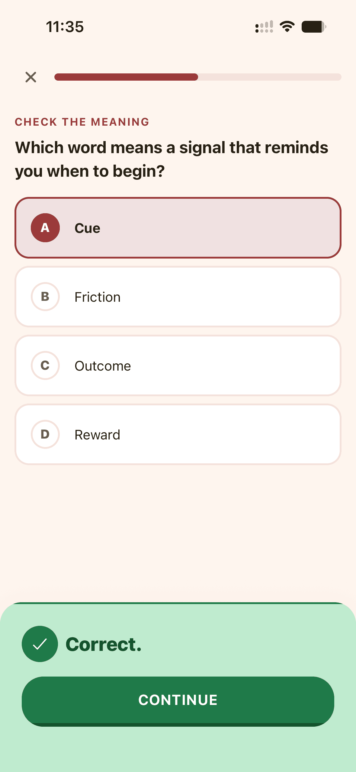 QuickSkill interactive lesson check with correct-answer feedback