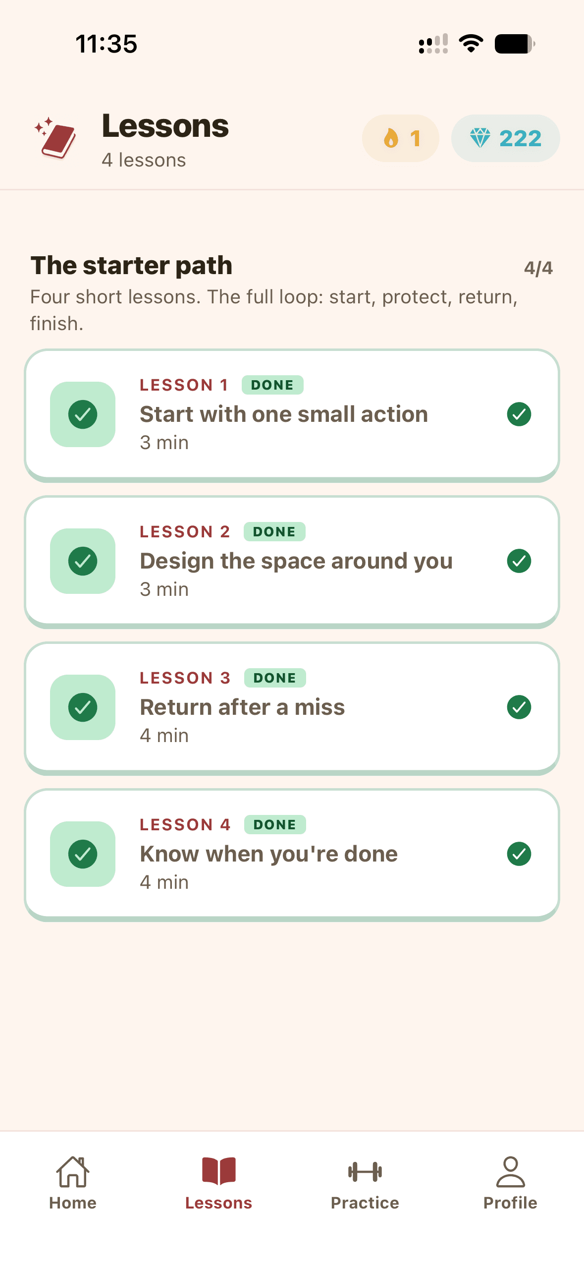 QuickSkill lesson library with completion states