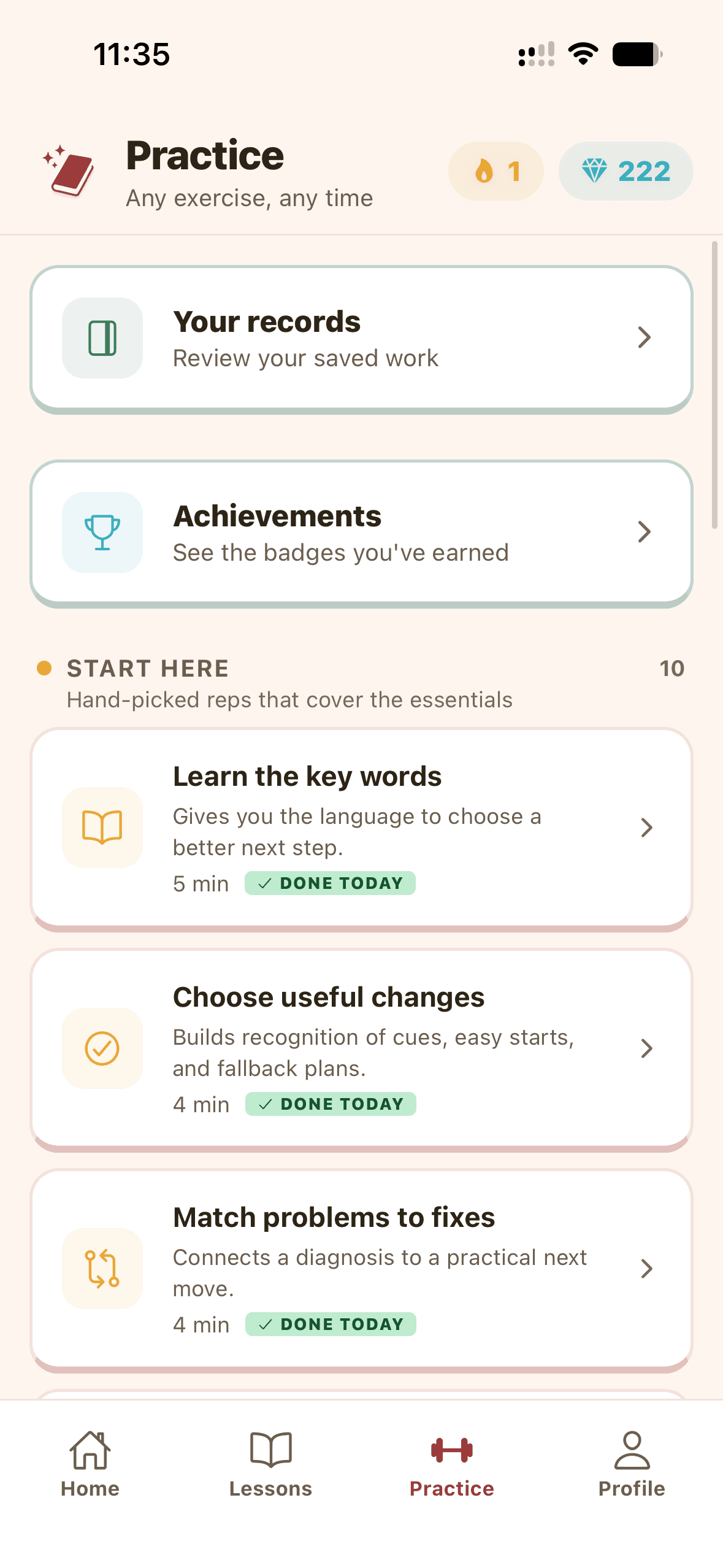 QuickSkill practice library with records, achievements, and exercises