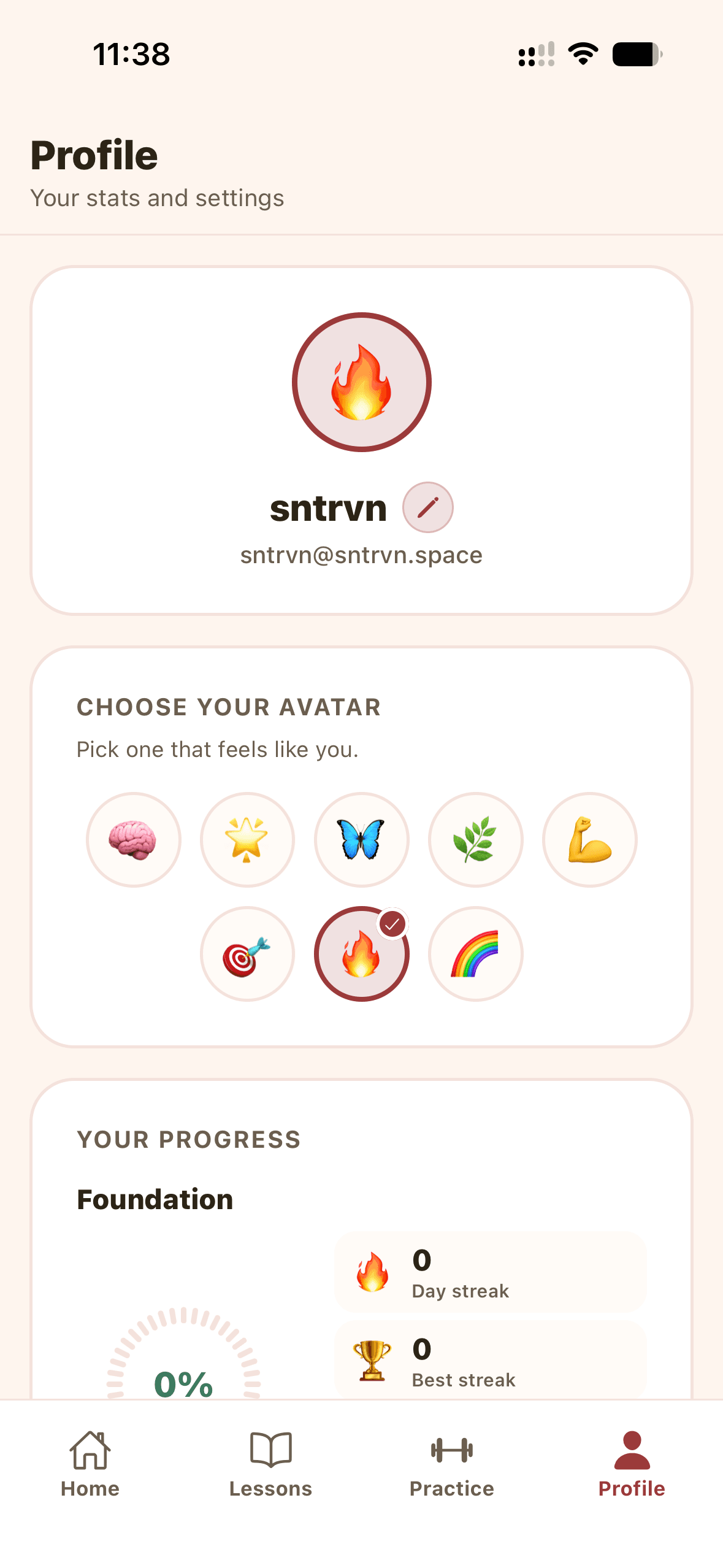 QuickSkill profile with avatar, streak, and progress